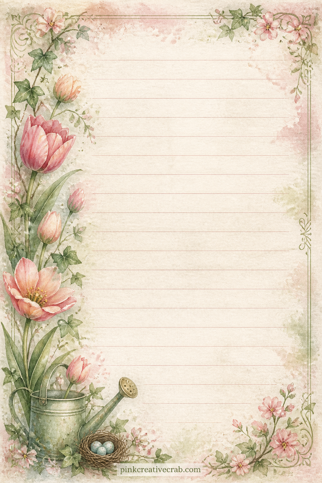 Garden Journal Lined Page printable page — A trailing border of tulips and ivy runs down the left side of this page. Spring junk journal