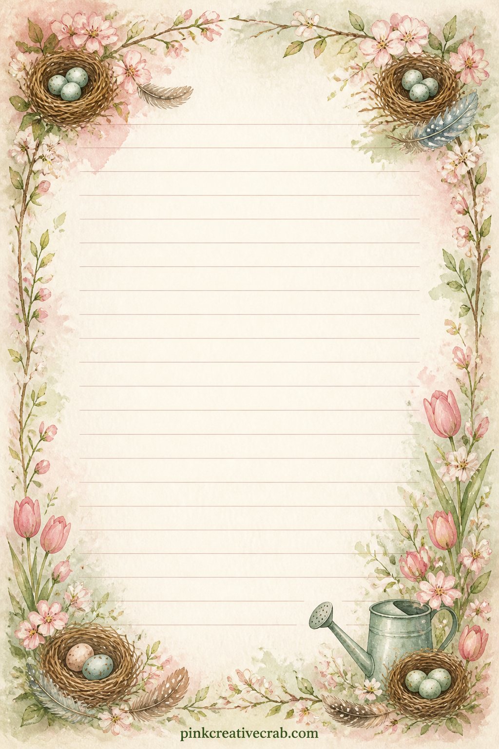 Bird Nest Corner Lined Page printable page — Small nests and feathers decorate each corner of this page. Spring junk journal