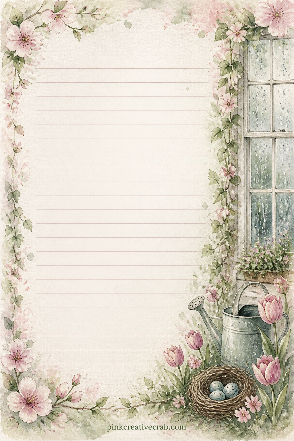 Rainy Window Border Lined Page printable page — A soft band of raindrops and trailing vines runs down the right side of the page. Spring junk journal