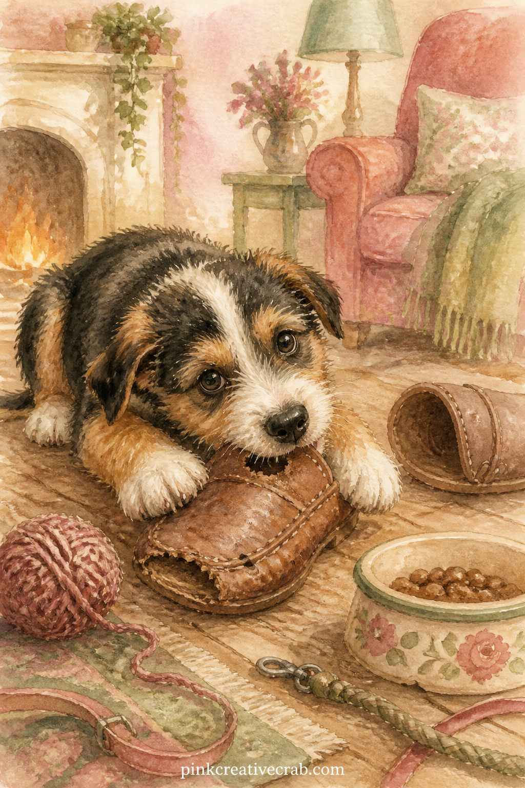 Puppy Chewing a Slipper printable page — Give this one a job before it goes in the journal: glue a scrap of an old shopping list or a torn fabric swatch beside