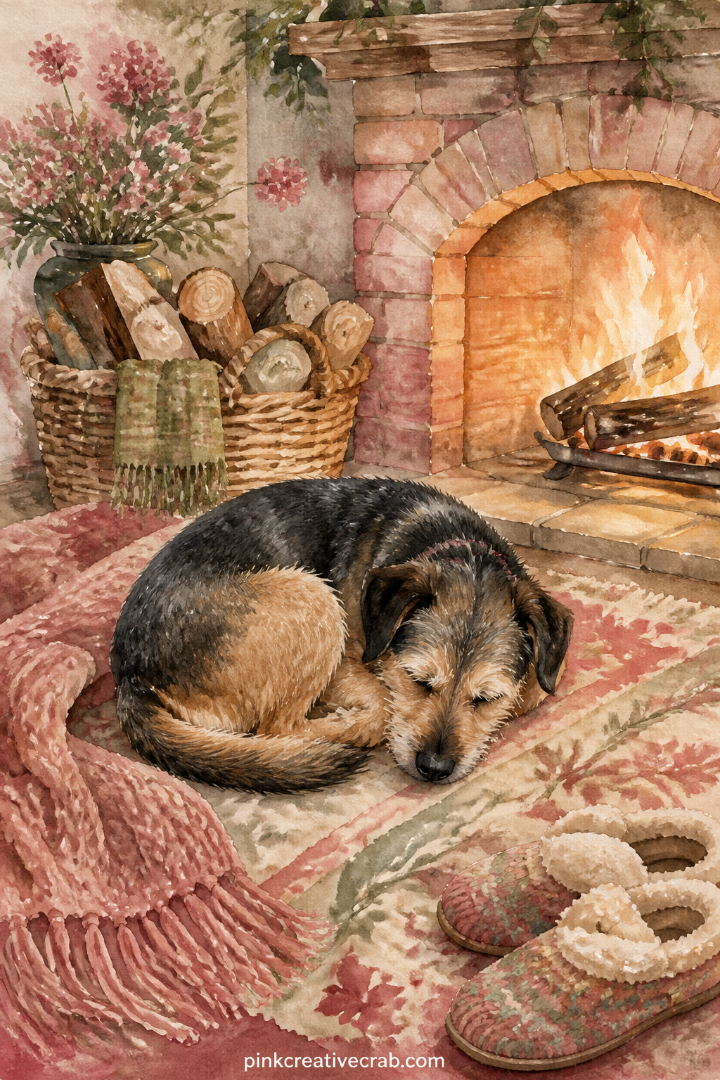 Dog Asleep by the Fireplace printable page — Curled up on a braided rug in front of the hearth, a dog sleeps through the whole evening without a worry in the