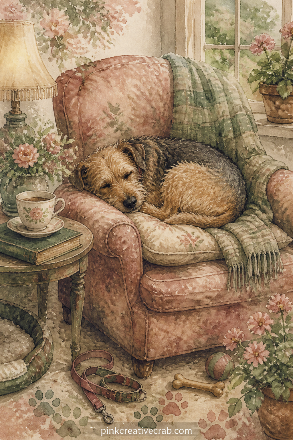 Dog Curled on an Armchair printable page — Pair this page with the paw print pattern paper later in the set: use the pattern as a facing page so the quiet