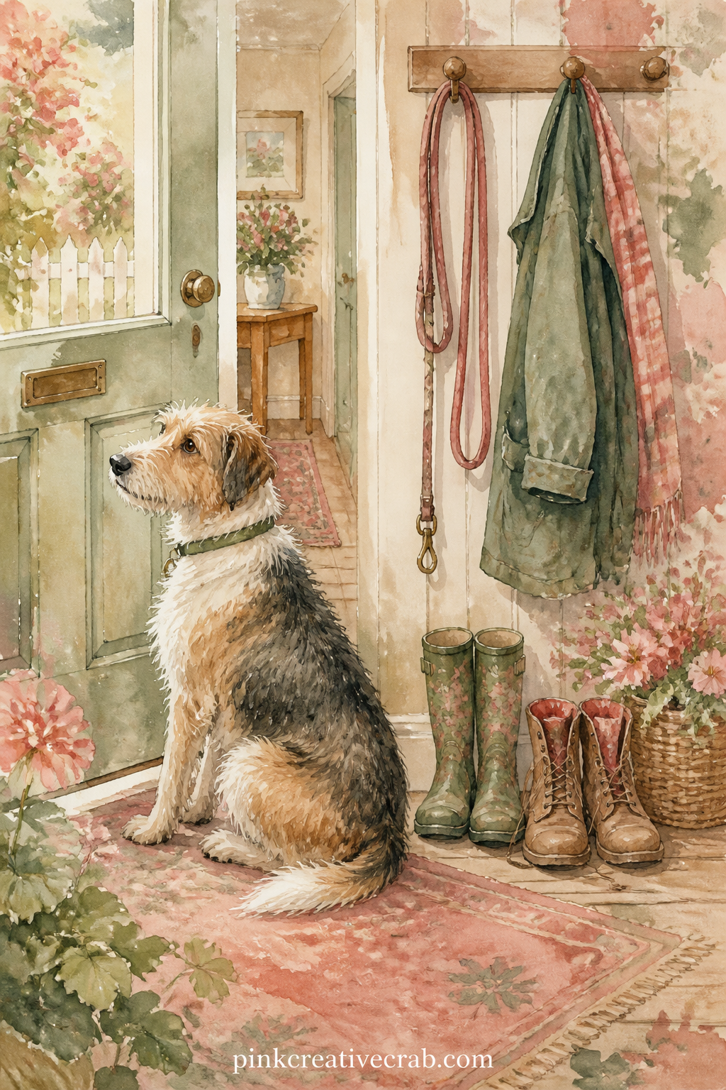 Dog Waiting by the Door printable page — Who is this page for in a gift journal: the friend whose dog meets her at the door every single day, lead already half