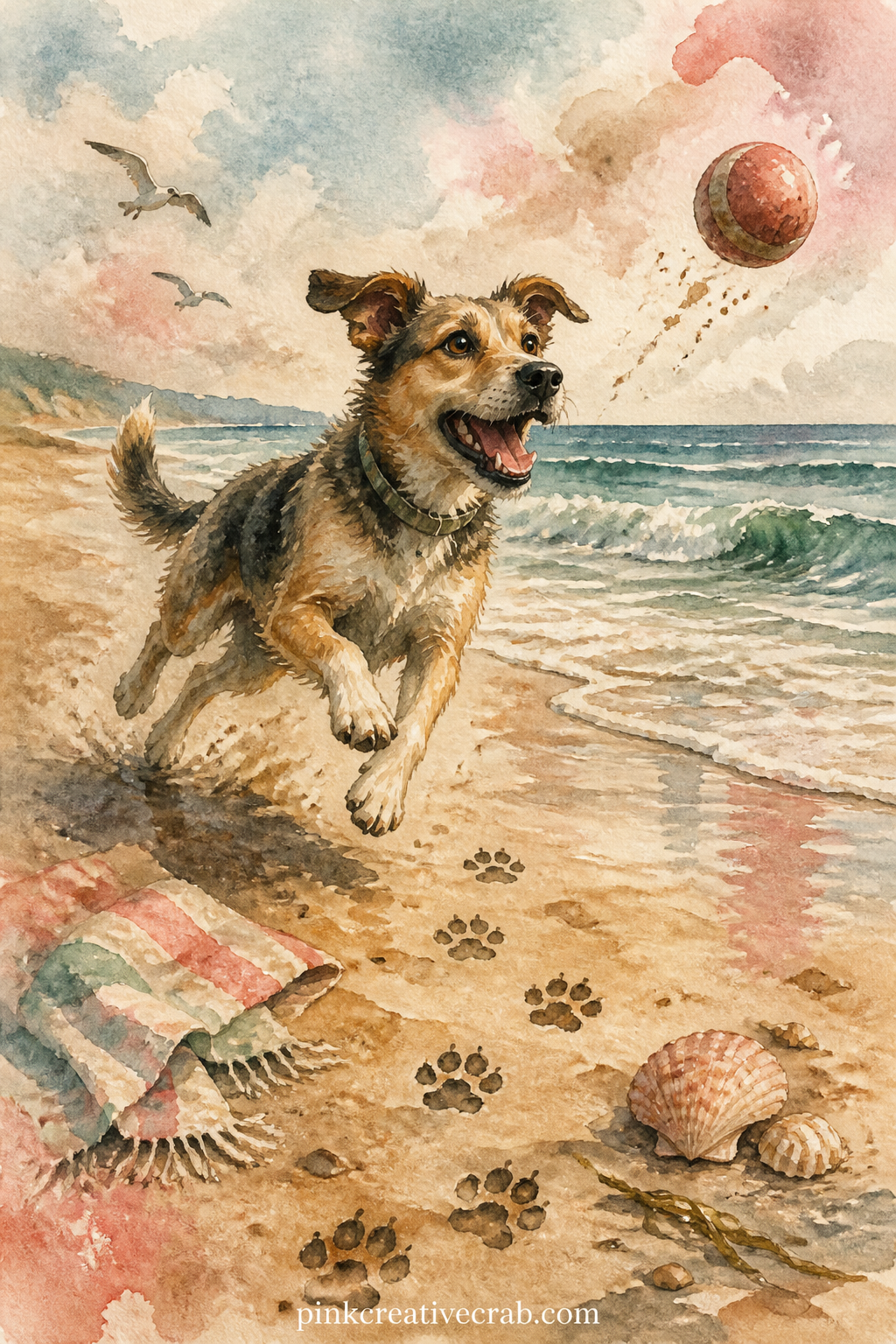 Dog on a Beach Chasing a Ball printable page — A dog mid run after a ball, with sea spray and sand flying, becomes a strong page on its own. Dog themed junk