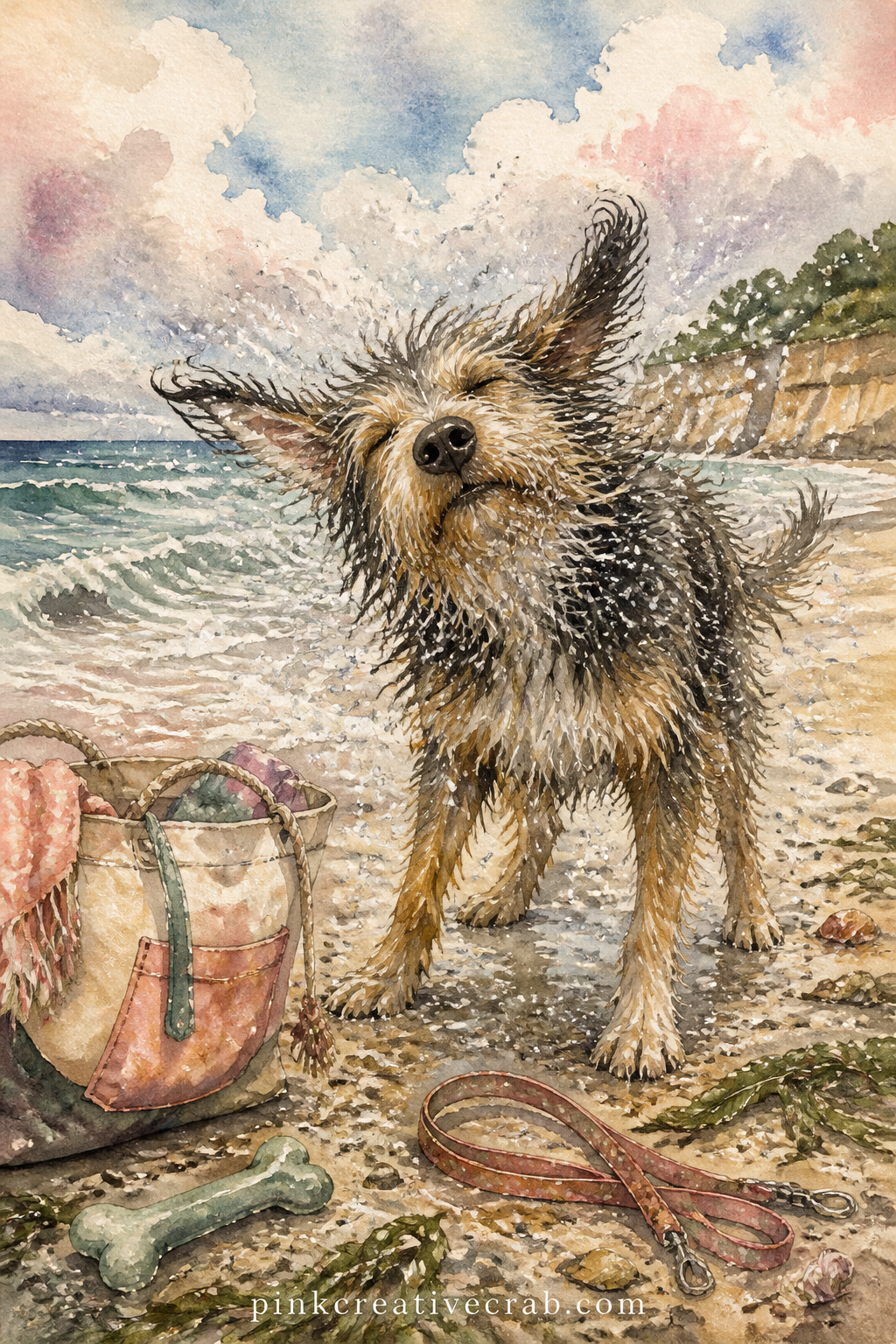 Dog Shaking Off Sea Water printable page — The usual mistake with this page is painting the splash too neat and round. Dog themed junk journal