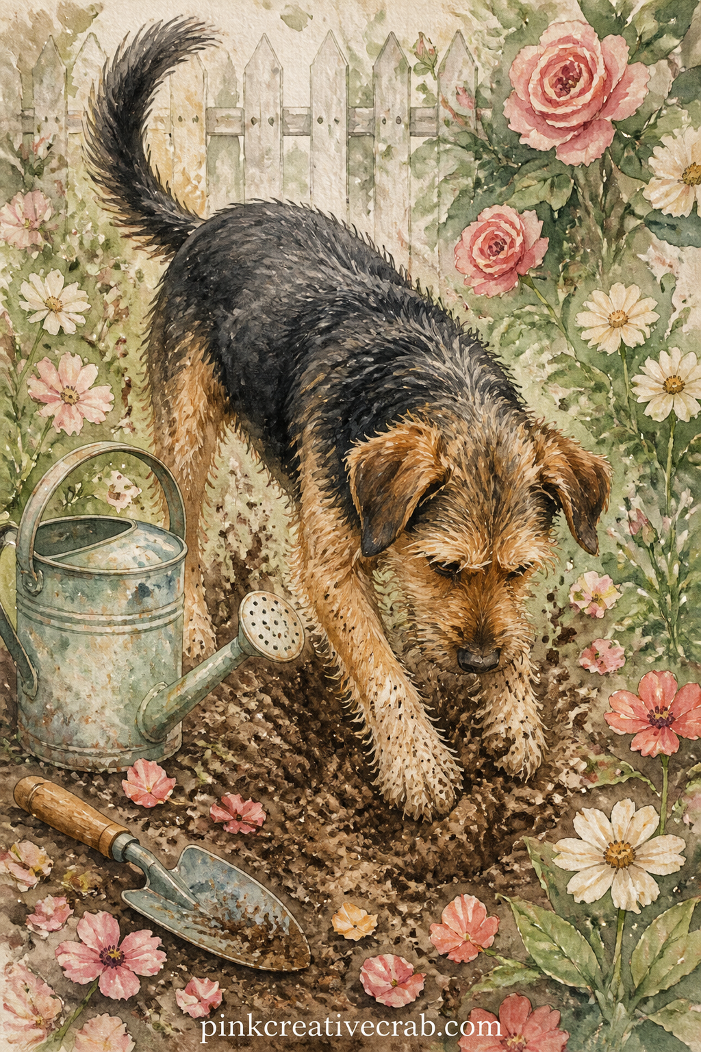 Dog Digging in the Garden Bed printable page — Tuck a torn seed packet or a scrap of garden string onto this page before it dries, so the page itself looks a