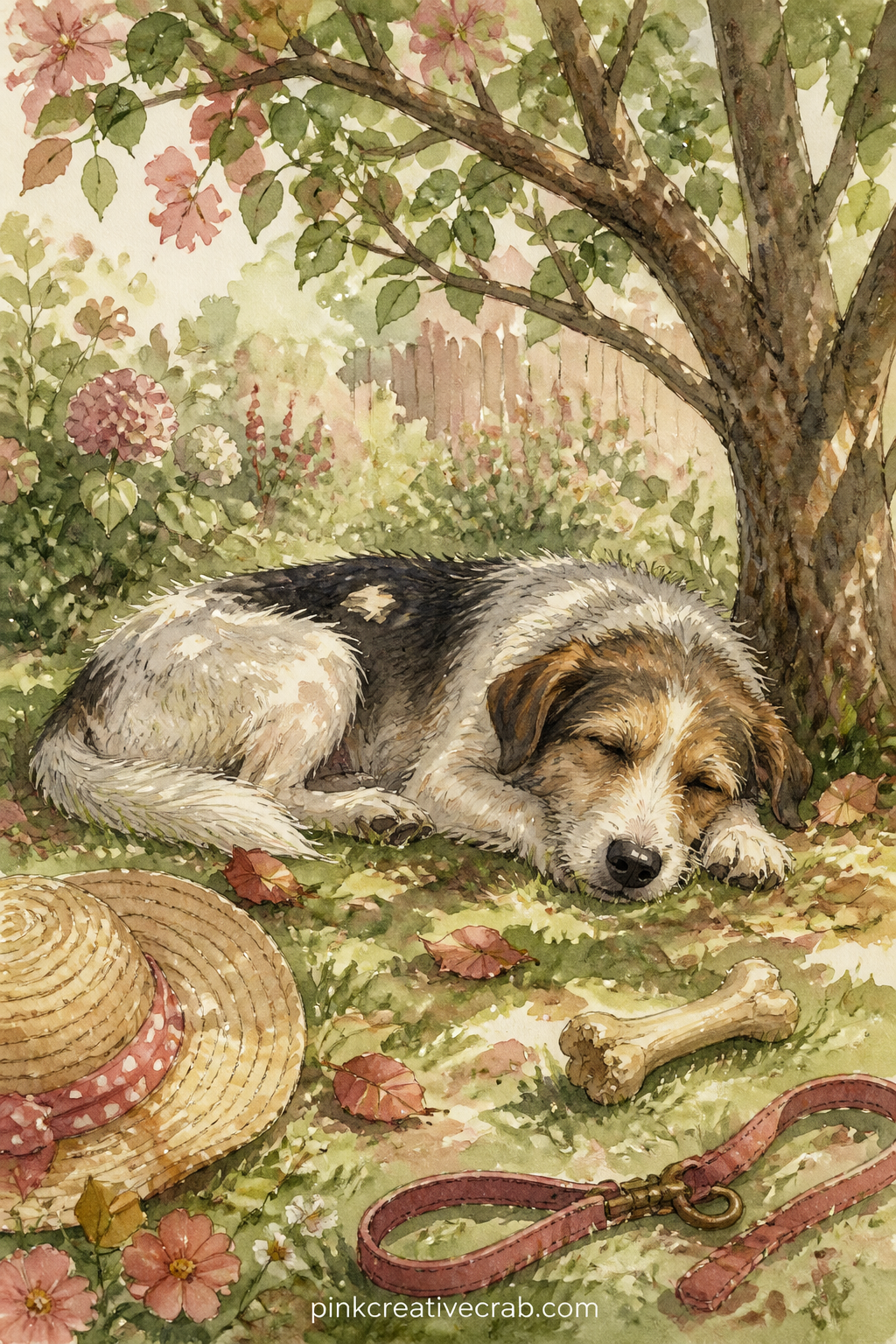Dog Napping Under a Garden Tree printable page — Write a short question at the top of this one before you glue it in: what does your dog dream about on a warm