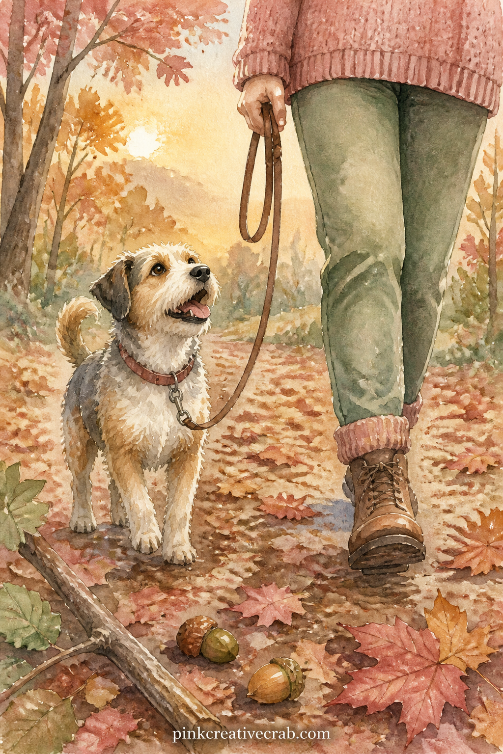 Dog Walking With Its Owner in Autumn Leaves printable page — A dog and its owner walk together through a path thick with fallen leaves, leads loose, both