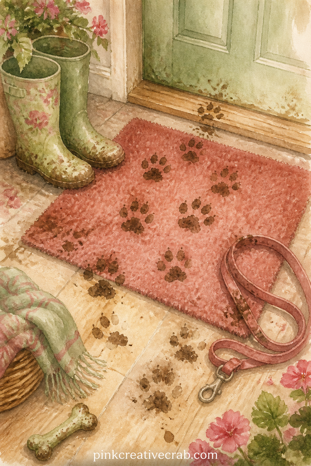Muddy Paw Prints on the Doormat printable page — Glue a torn luggage tag or a small paper label near the mat reading the date of a favourite walk. Dog themed