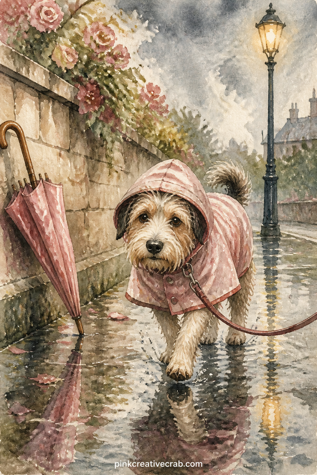 Dog in Rain Gear on a Wet Walk printable page — Take the five minute version of this page: wash a grey sky and a puddle shape first, then add the dog once that