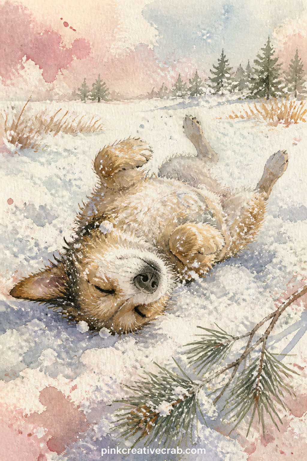 Dog Rolling in Snow printable page — The usual mistake here is crowding the page with too many objects. Dog themed junk journal