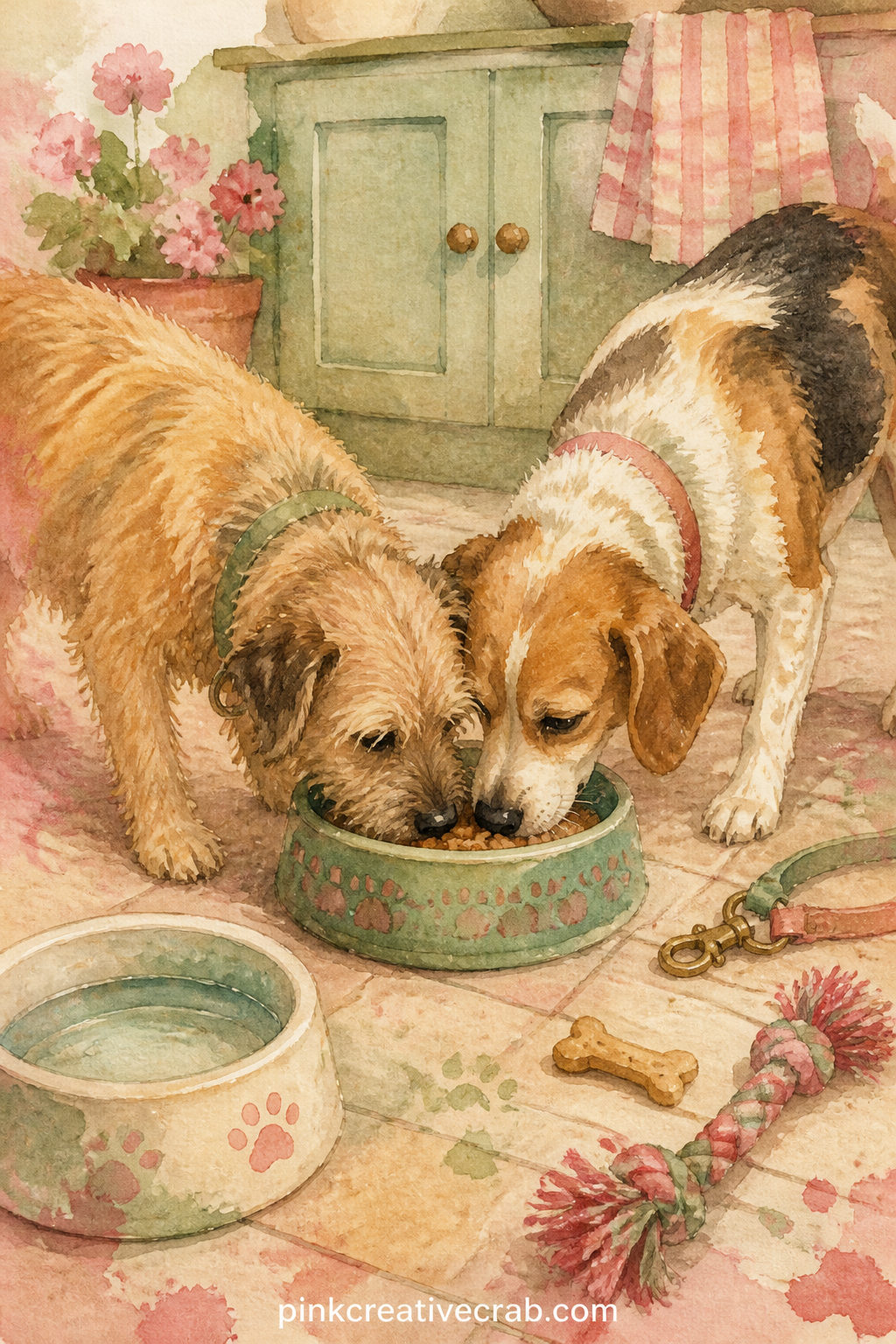 Two Dogs Sharing a Bowl printable page — List three treats your own dog actually loves along the bottom edge of this page before gluing it in. Dog themed junk