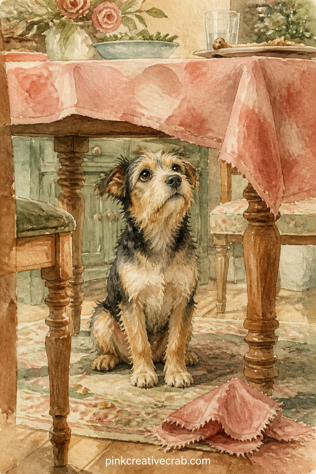 Dog Begging at the Dinner Table printable page — A dog sits beneath a dinner table, nose lifted toward a dropped napkin and the smell of something good, the