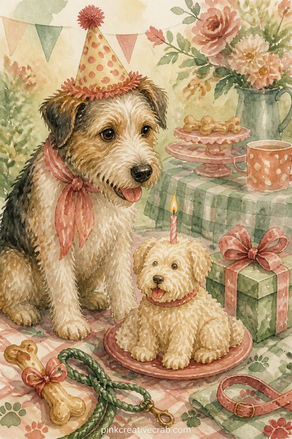 Dog Getting a Birthday Treat printable page — This page suits the friend who throws an actual birthday for her dog every year, candle and all. Dog themed junk