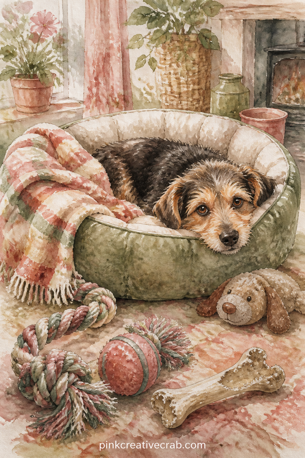 Dog Bed and Favourite Toys printable page — Fold under the right edge of this page slightly before gluing, letting the fold catch just the corner of the toy
