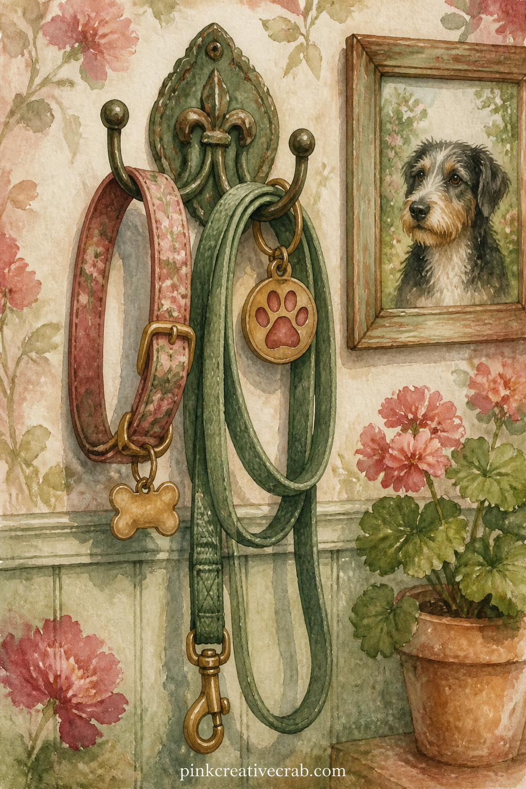 Collar, Lead and Tag on a Hook printable page — Spend thirty seconds before gluing this in and write the dog's name on a scrap of paper shaped like a tag, then
