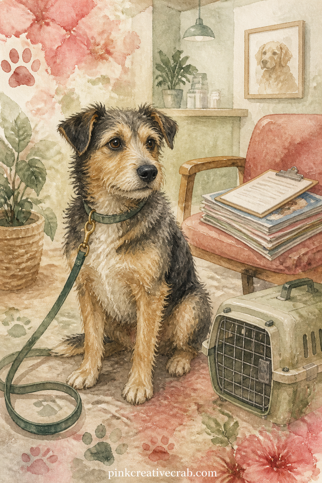 Vet Visit Waiting Room printable page — A dog sits patiently on a lead in a waiting room, ears pricked toward every new sound, a carrier and a stack of old