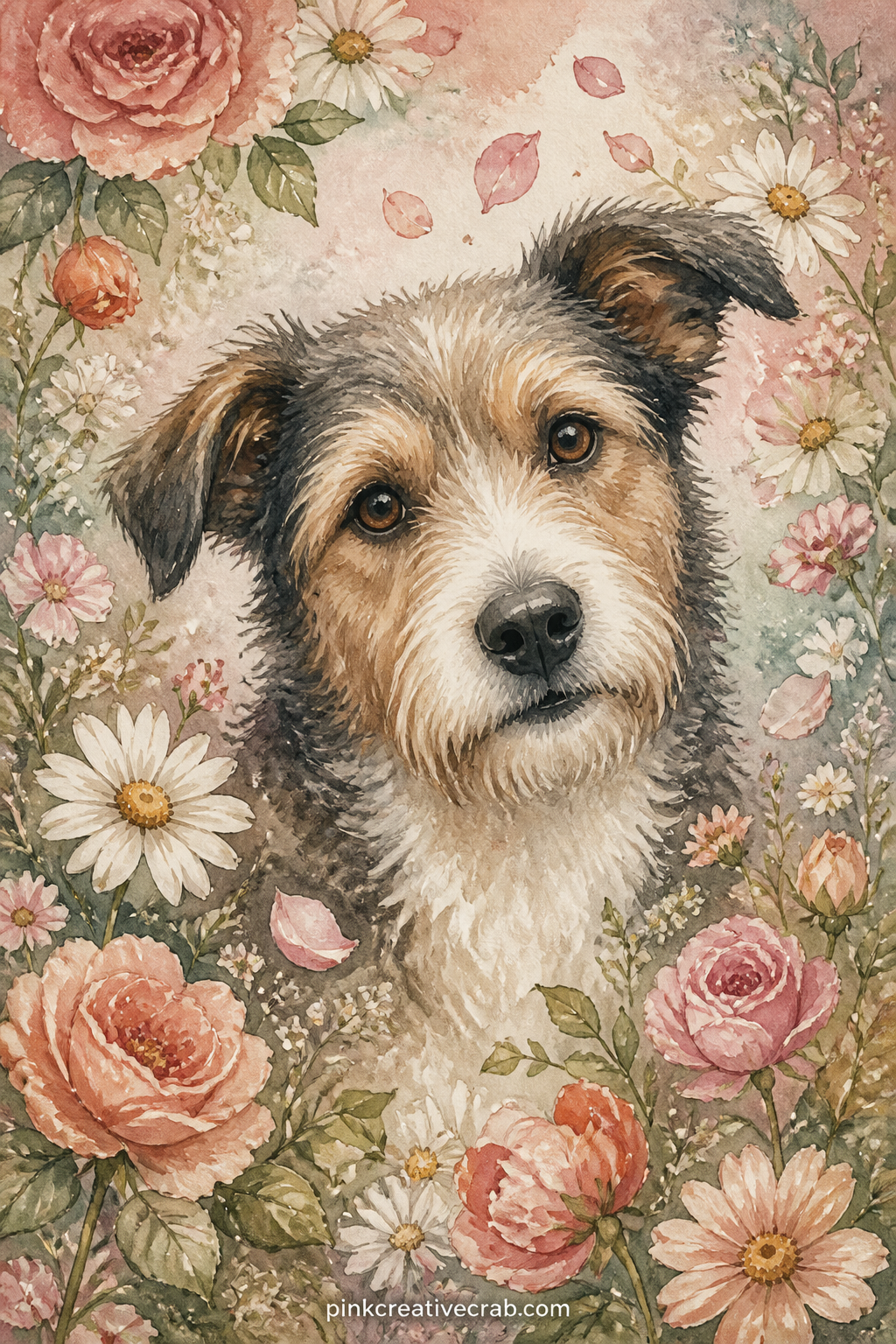 Dog Portrait With Garden Flowers printable page — Place this page as the final scene before the pattern papers begin. Dog themed junk journal