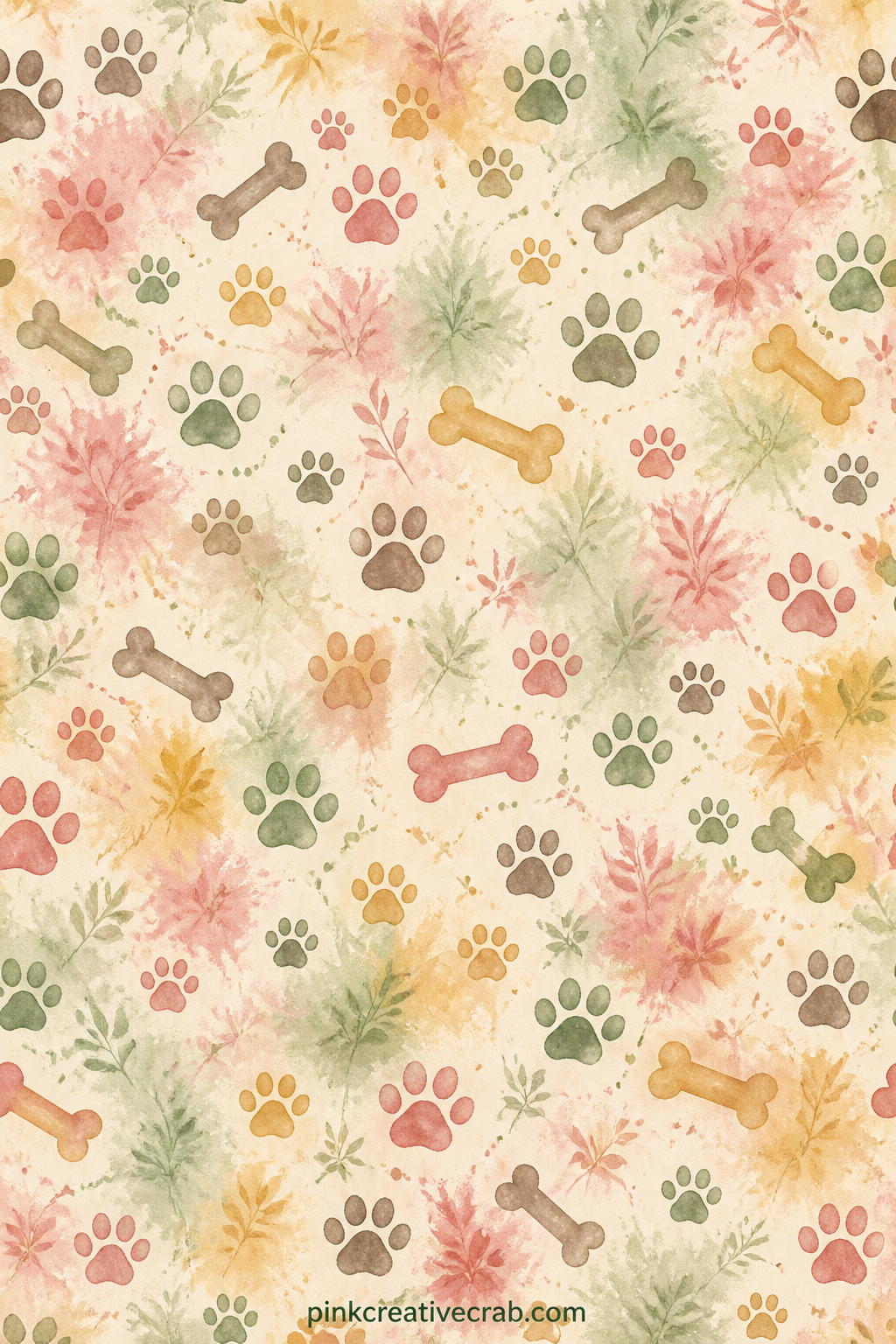 Paw Prints and Bones Pattern printable page — Small paw prints and bones scatter edge to edge in this pattern, useful under a photo of your own dog, as a page
