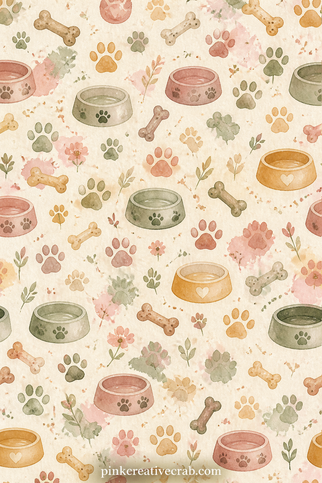 Dog Biscuits and Bowls Pattern printable page — Tiny biscuit and bowl shapes repeat in soft rows, suited to a page behind a treat list, a cover for the food