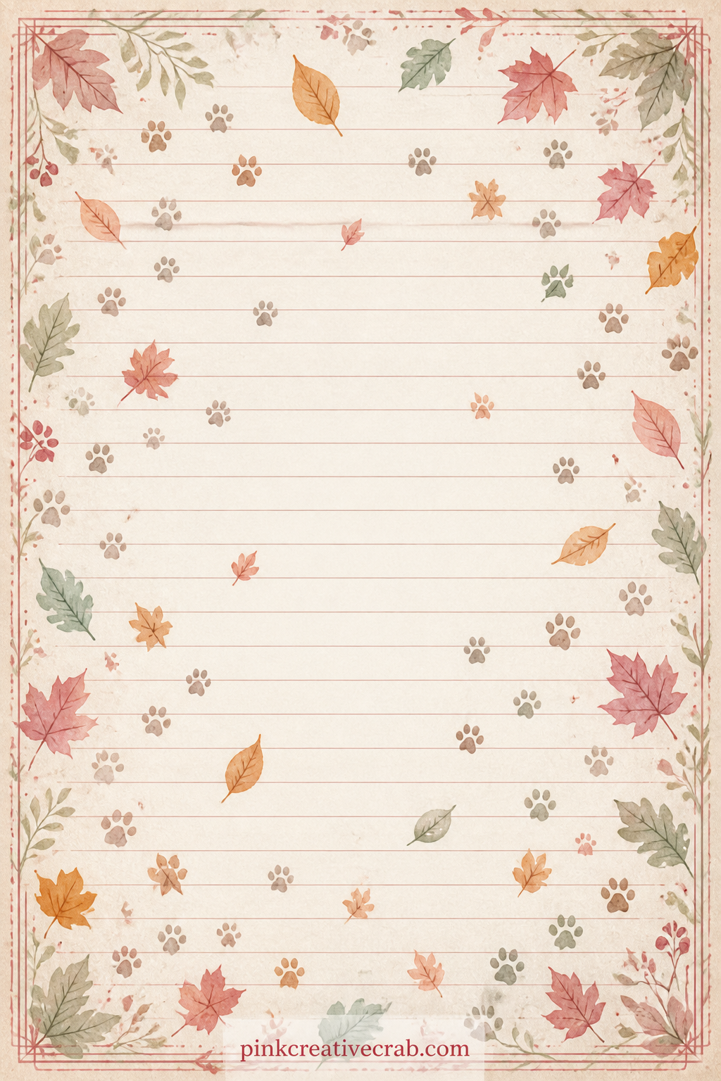 Autumn Leaves and Paw Trails Pattern printable page — Falling leaves and a trail of small paw prints repeat together here, right for a walk themed section