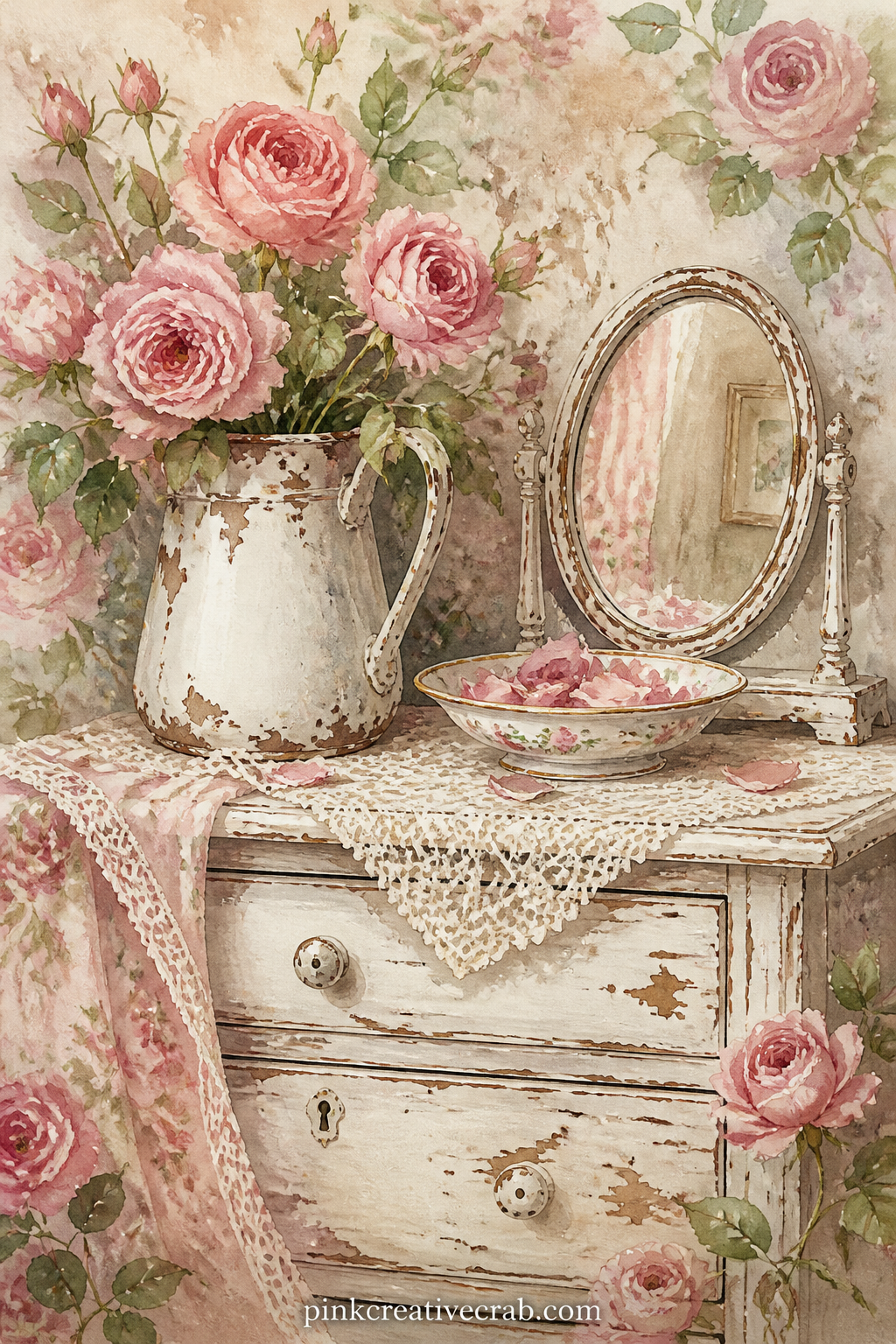 Chippy White Dresser With Roses printable page — A white chippy dresser holds a chipped pitcher stuffed with faded pink roses, with a lace runner, a small