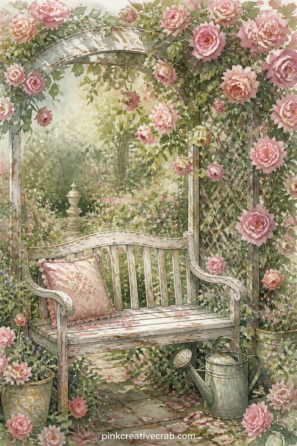 Garden Bench Under Climbing Rose printable page — Pair this one with the faded rose pattern page further on: trim a strip of the pattern and glue it along the