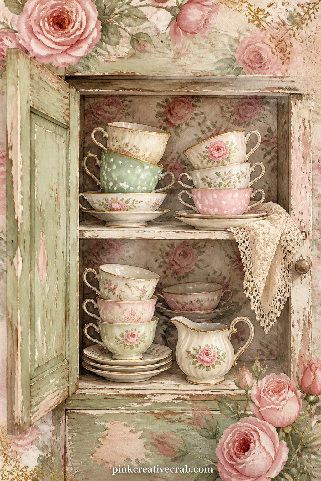 Open Cupboard Of Chipped Teacups printable page — Glue in a torn scrap of real floral wallpaper or a pressed flower on the shelf beside the cups, then