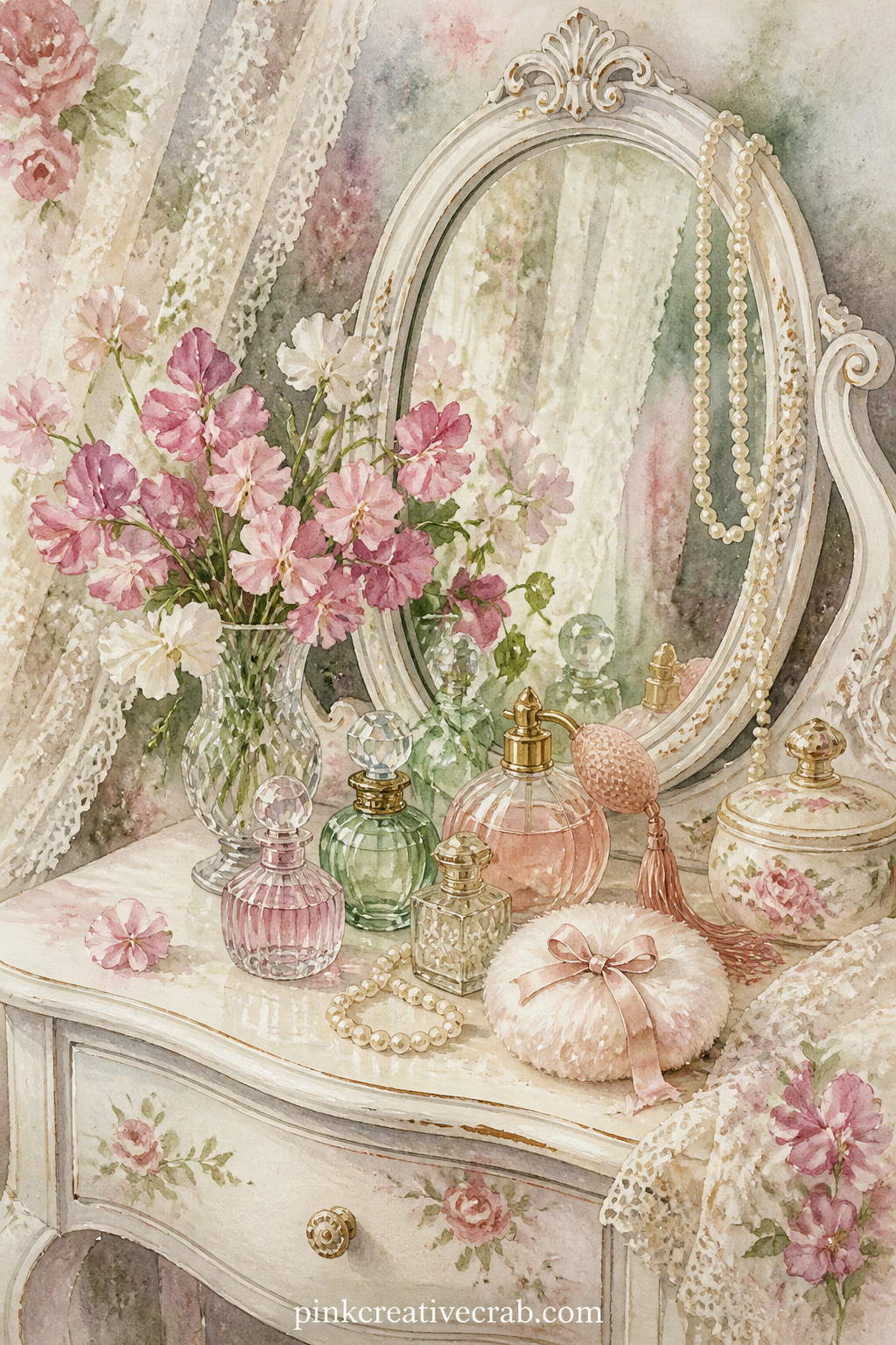 Vanity Table With Perfume Bottles printable page — A vanity table holds a row of glass perfume bottles, a powder puff, a string of pearls and a small vase of