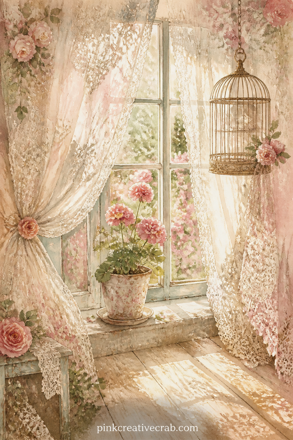 Lace Draped Window With Sunlight printable page — Glue a folded paper doily fragment along the sill, or tuck a pressed flower into the corner where the lace