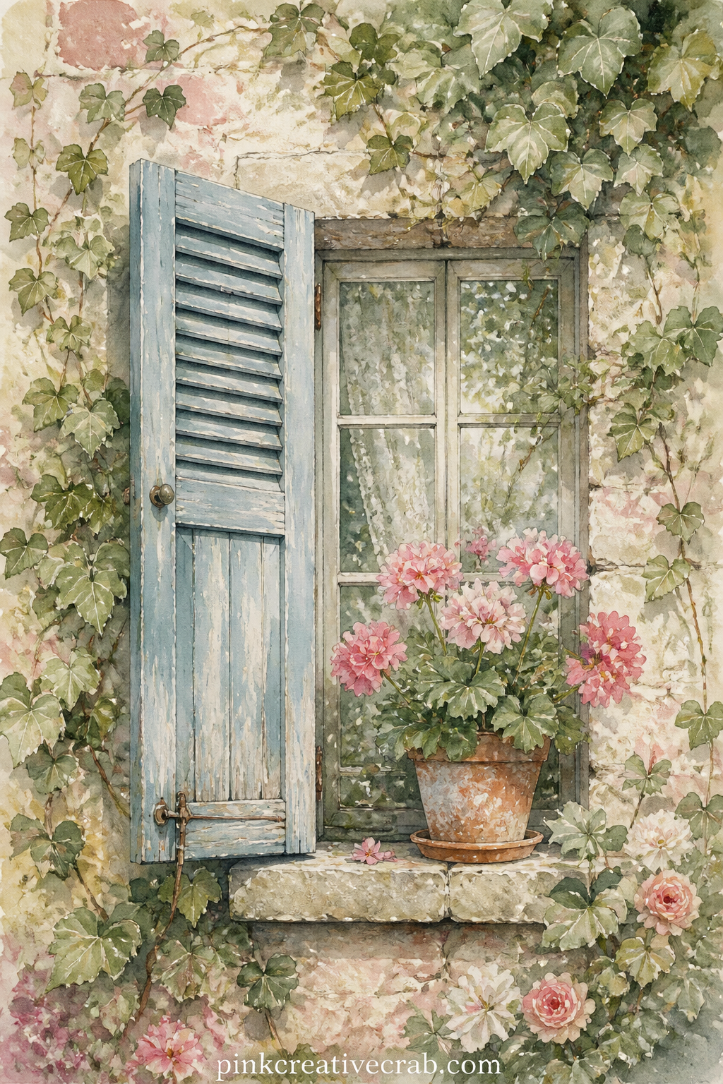 Shuttered Window With Ivy printable page — Place this page across from the lace window on a facing spread and let the ivy on one page visually lean toward the