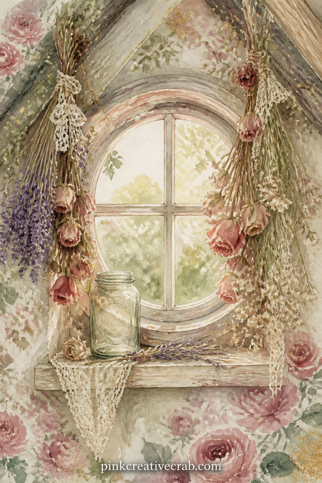 Attic Window With Dried Flowers printable page — The usual mistake here is leaving the sill bare: dried flowers alone look stiff, so always paint a soft wash