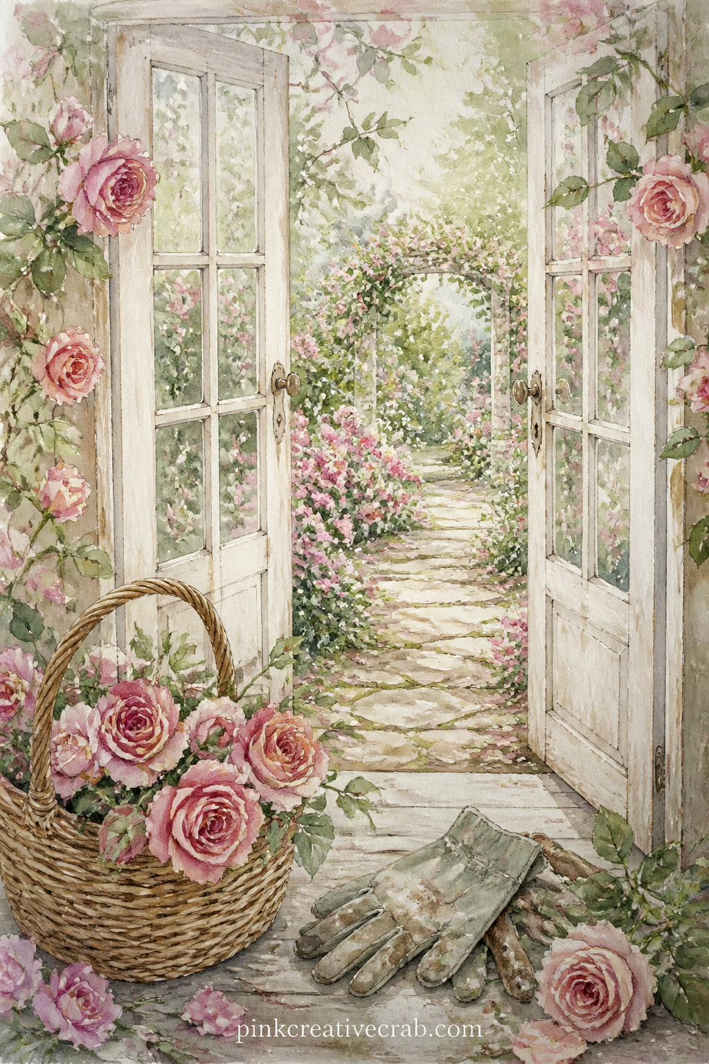 French Doors Onto A Rose Garden printable page — French doors open onto a rose garden path, with a pair of worn gardening gloves and a basket of cut blooms