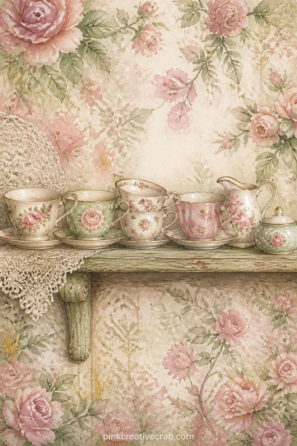 Teacup Collection On A Shelf printable page — Write the story of one cup here: where it came from, who drank from it last, or what you would serve in it today