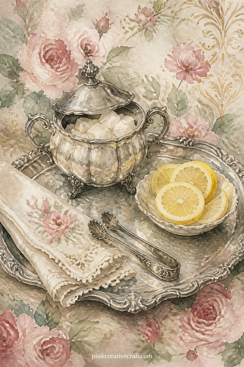 Silver Tray Of Sugar And Lemon printable page — A silver tray holds a sugar bowl, a small dish of lemon slices, a pair of tongs and a folded linen napkin, set