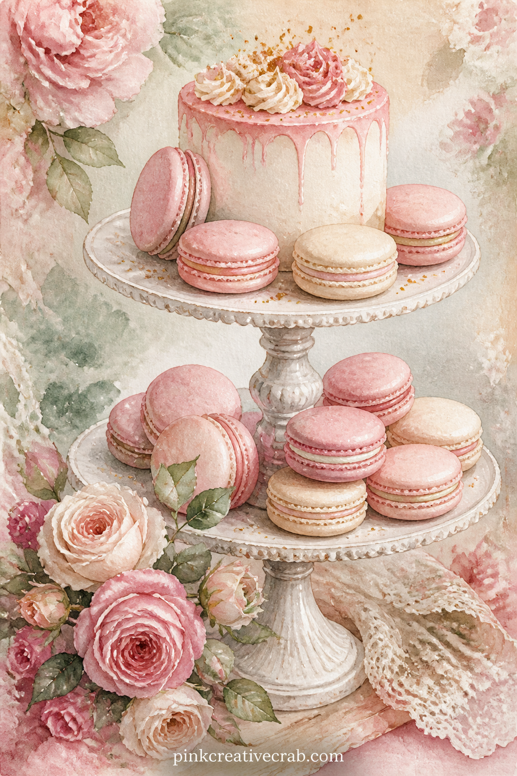 Cake Stand With Pink Macarons printable page — The five minute version: paint only the stand and its top tier of macarons, skip the lower tiers, and let a