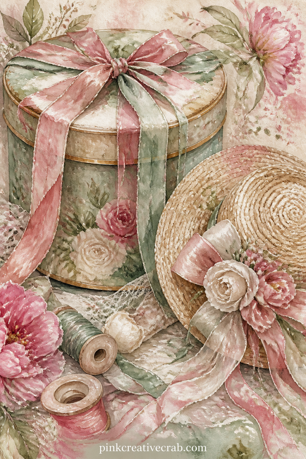 Vintage Hat Box With Ribbons printable page — Tuck a short tag or ribbon scrap of your own into the ribbons painted on the box, so the page holds a small real