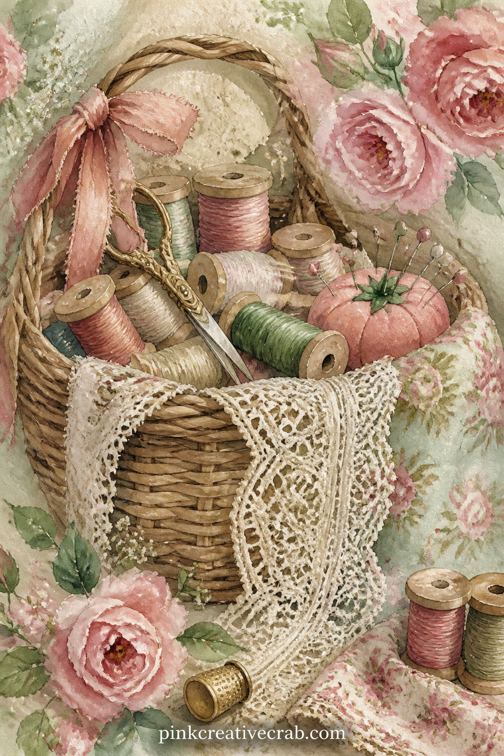 Sewing Basket With Spools And Lace printable page — Place this page beside the lace pattern background further on, trimming a thin strip of the pattern to glue