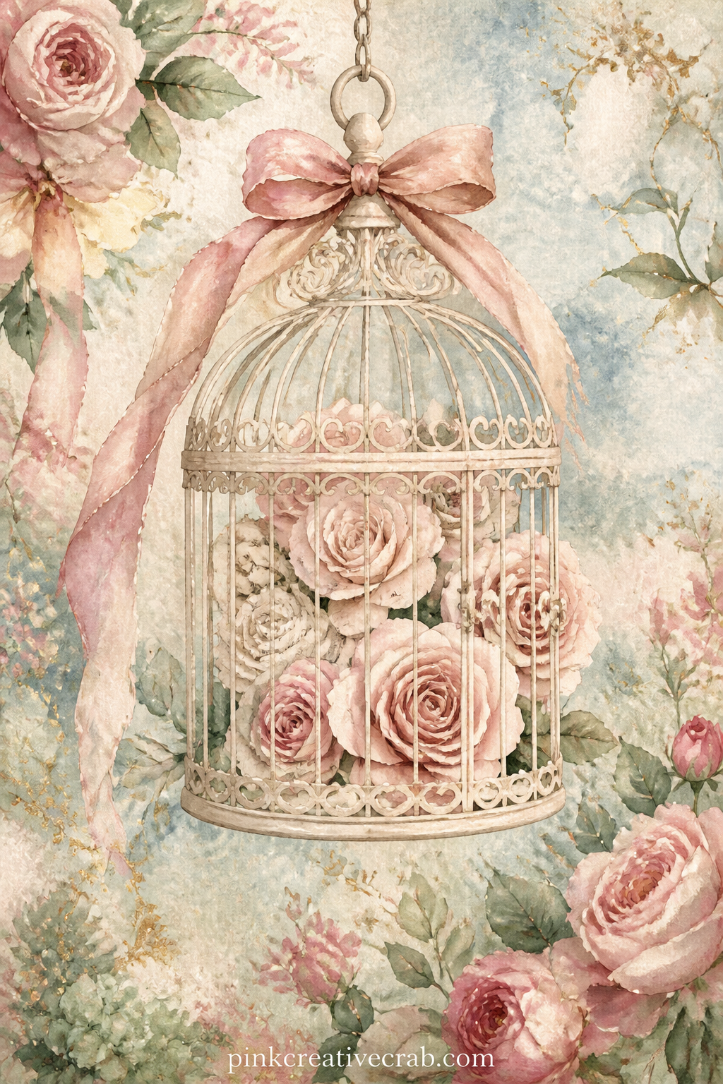 Birdcage With Paper Roses printable page — An old wire birdcage holds a cluster of paper roses instead of a bird, hung with a faded ribbon bow, against a soft