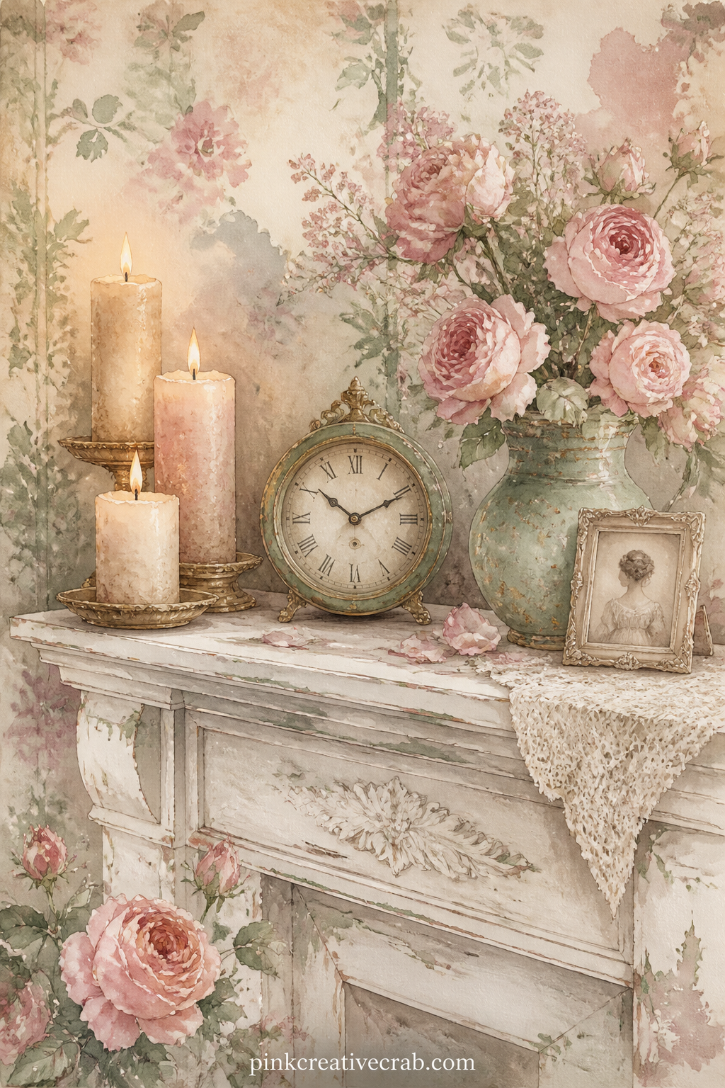 Mantel With Candles And Roses printable page — The mantel scene suits a gift journal made for a mother or grandmother: leave the lined page nearby open for a