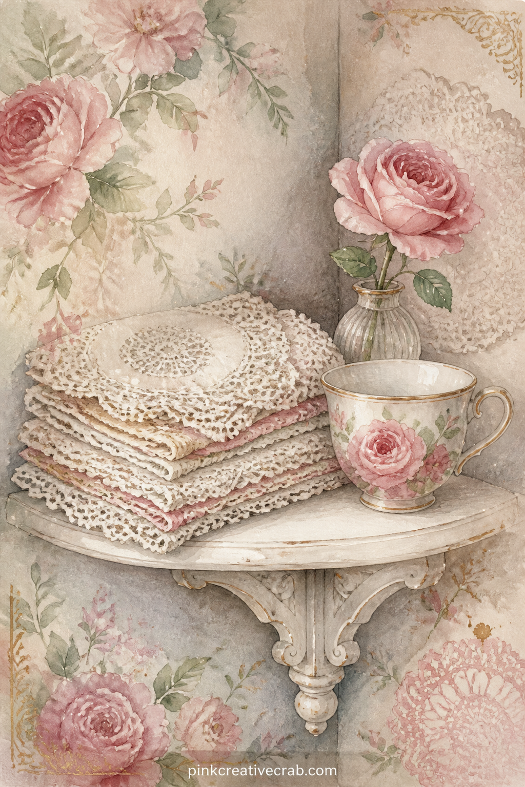 Corner Shelf Of Lace Doilies printable page — A small corner shelf holds a stack of folded lace doilies, a single teacup and a tiny bud vase, tucked into the