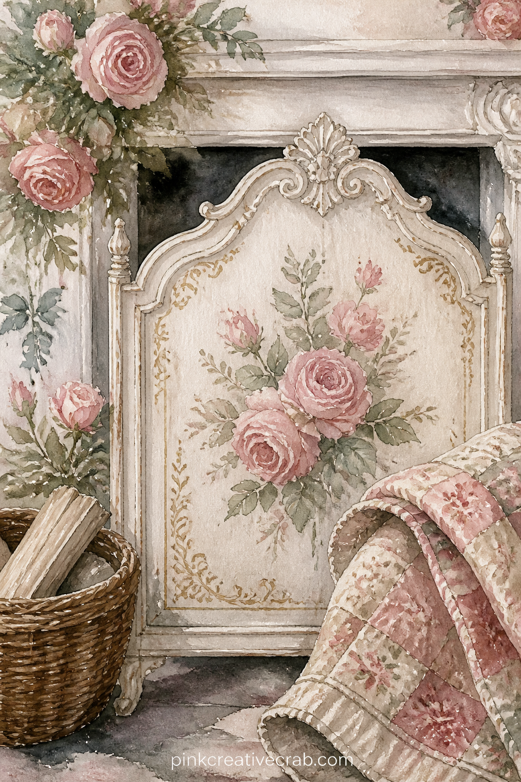 Fireplace Screen With Painted Roses printable page — What is the warmest room you remember as a child, and what sat in front of its fire: write the answer
