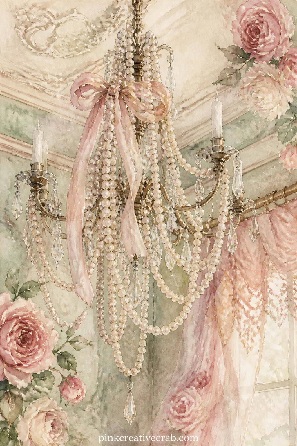 Chandelier Draped In Pearls printable page — A small crystal chandelier hangs draped in strings of pearls and a faded ribbon, catching soft light against a