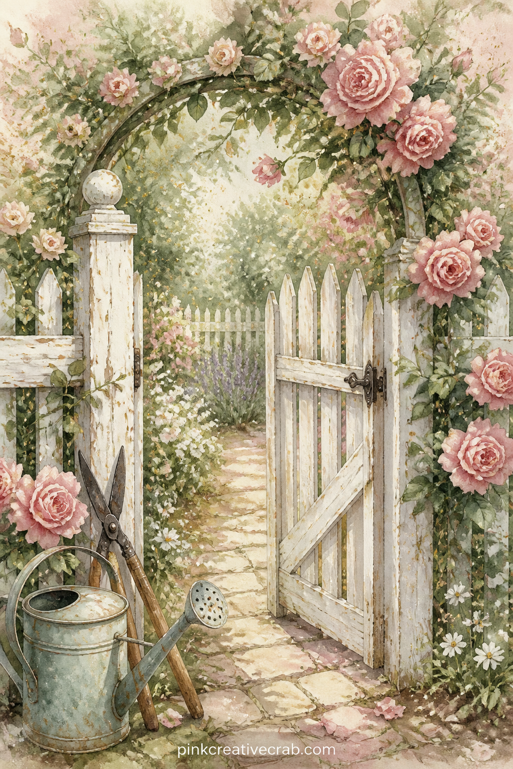 Garden Gate With Climbing Roses printable page — A weathered white garden gate stands half open under a climbing rose arch, with a watering can and a pair of