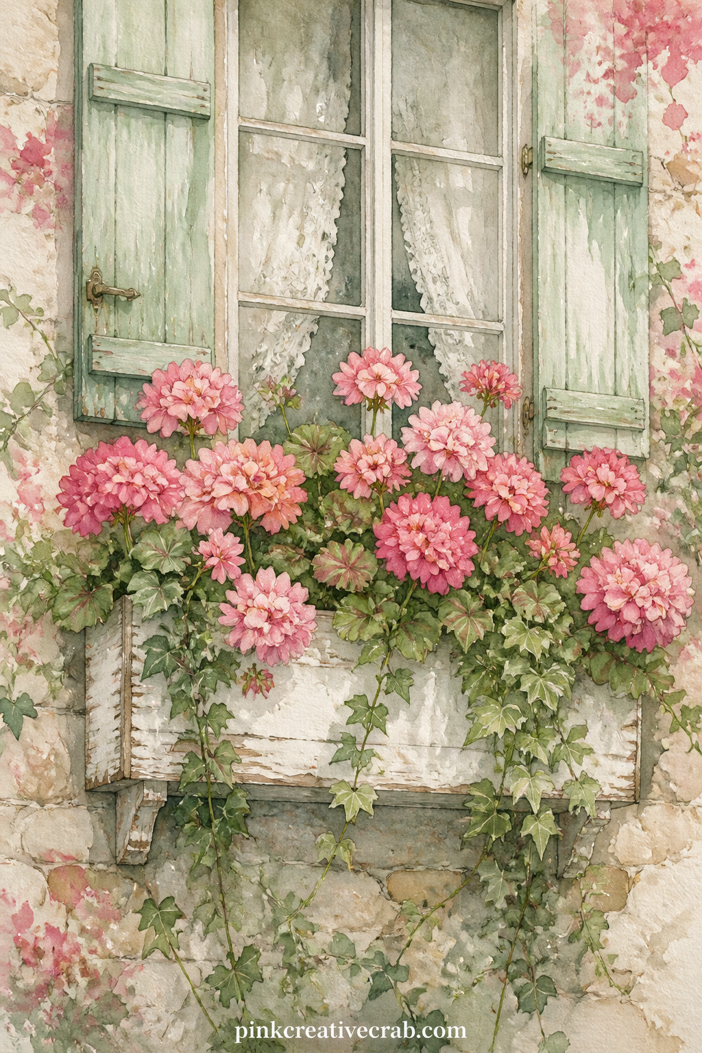 Window Box Of Pink Geraniums printable page — The usual mistake with a window box page is painting the flowers too neatly in a row: let a few blooms spill
