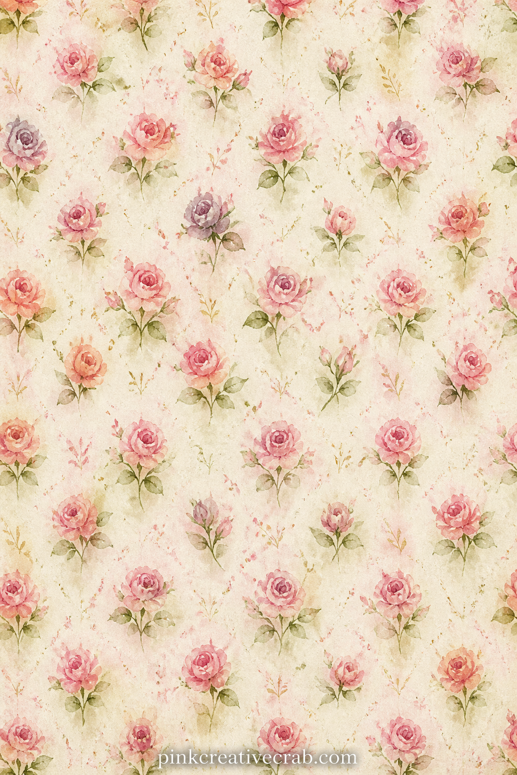 Faded Pink Roses Pattern printable page — Small faded pink roses repeat in loose rows across the sheet, each bloom slightly different in size and turn. Shabby