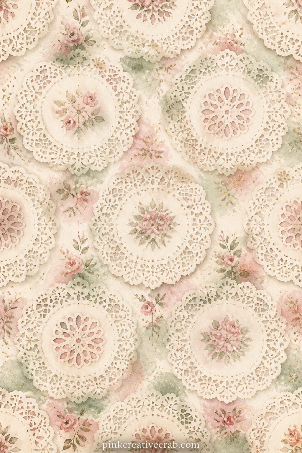 Lace Doily Texture Background printable page — A pale cream lace doily pattern covers the sheet corner to corner in a soft repeat. Shabby chic junk journal