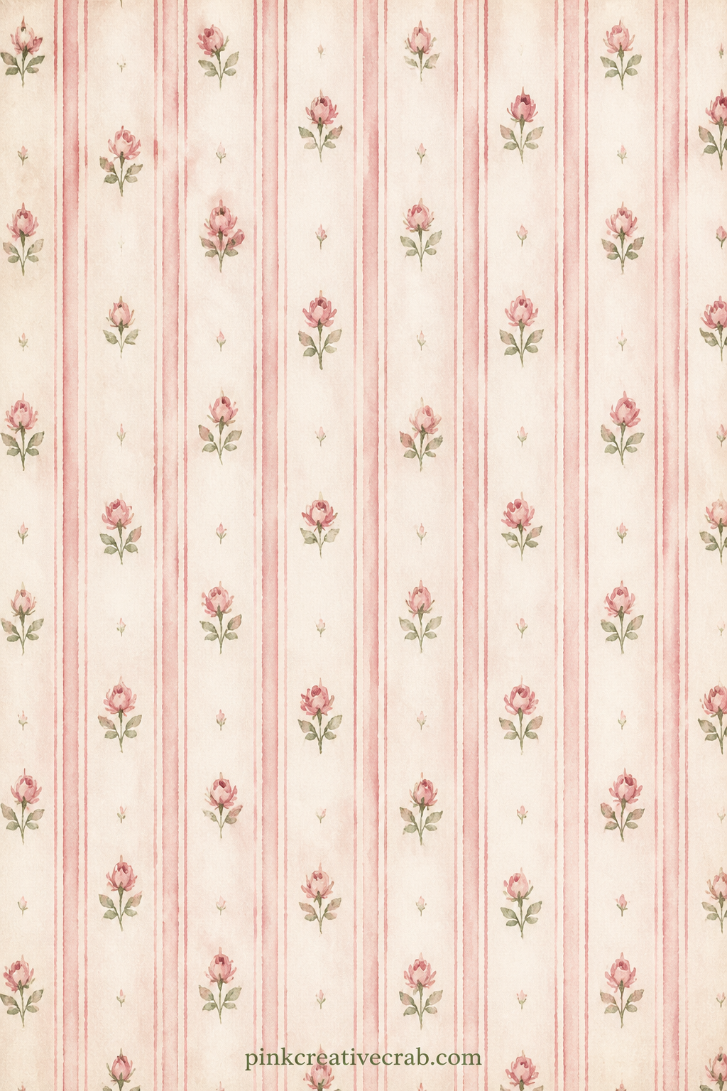 Vintage Floral Ticking Stripe printable page — Narrow cream and dusty rose stripes run the length of the sheet, scattered with tiny rosebuds between them.