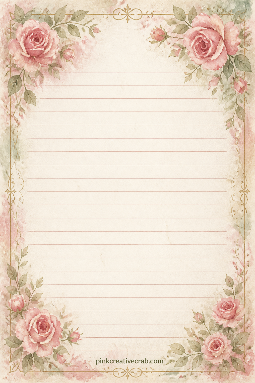 Rose Corner Lined Page printable page — Faded roses spray across both top corners with faint lines running through the middle. Shabby chic junk journal ideas