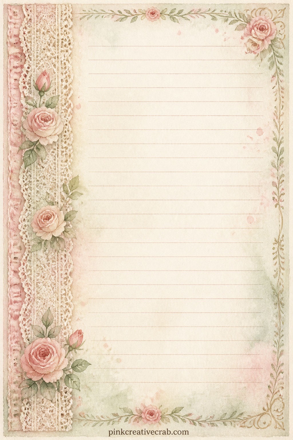 Lace Side Band Lined Page printable page — A soft lace band runs down the left side of the page, leaving faint lines open beside it. Shabby chic junk journal
